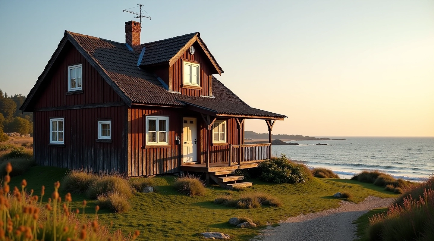 Vana kalastajate küla maja rannikul, puitkonstruktsioon, meri taustal